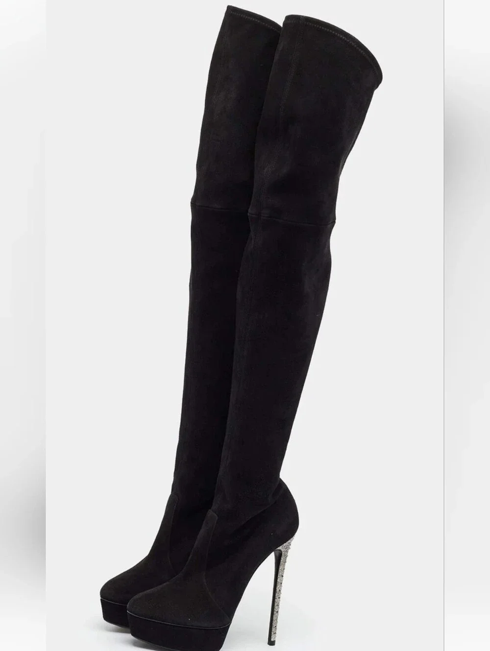 Casadei Black Over-the-Knee Crystal Heel Platform Boots